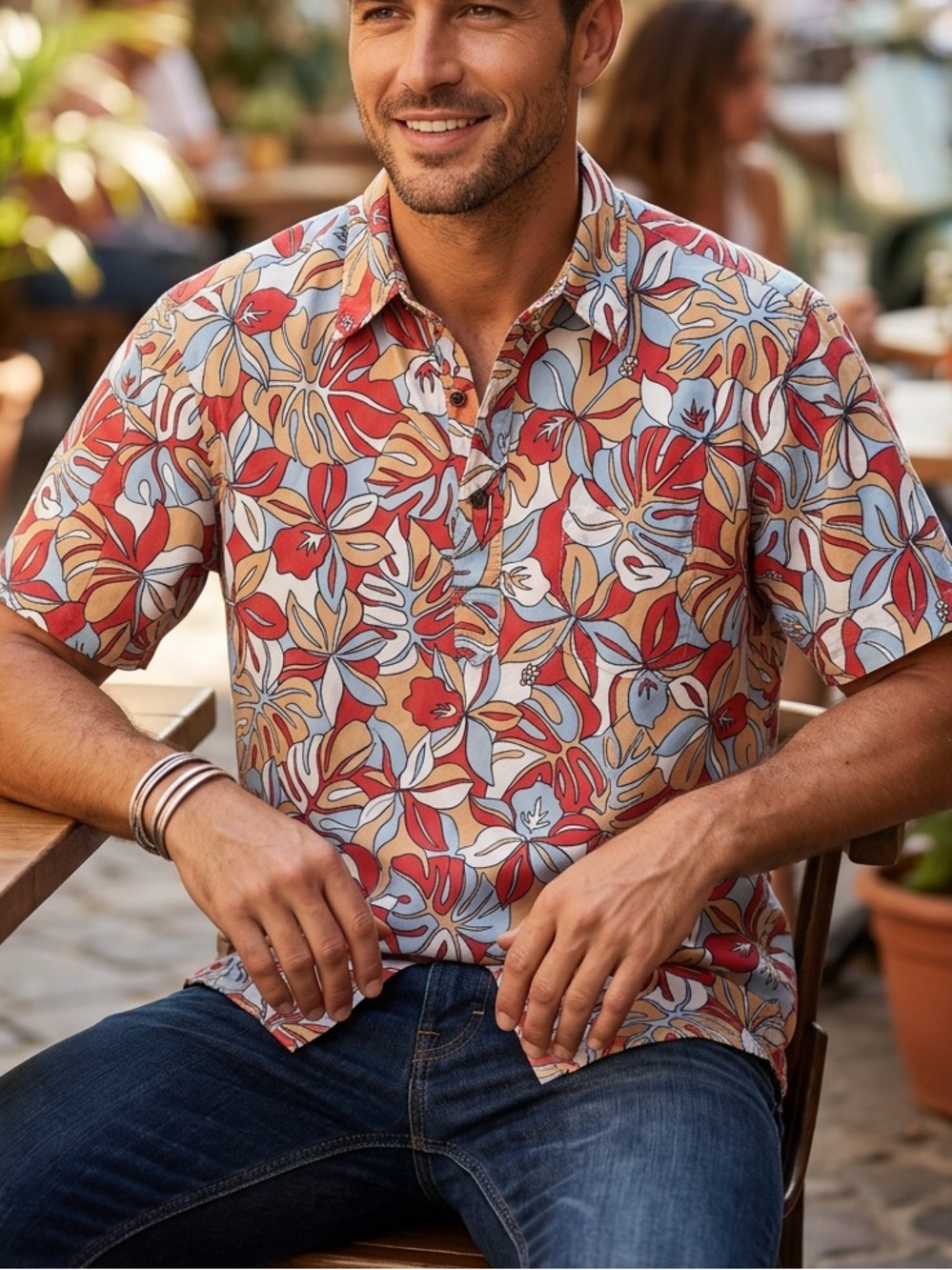 Reyn Spooner Hawaiian Aloha Shirt Henley Pullover Floral Vintage Size Large